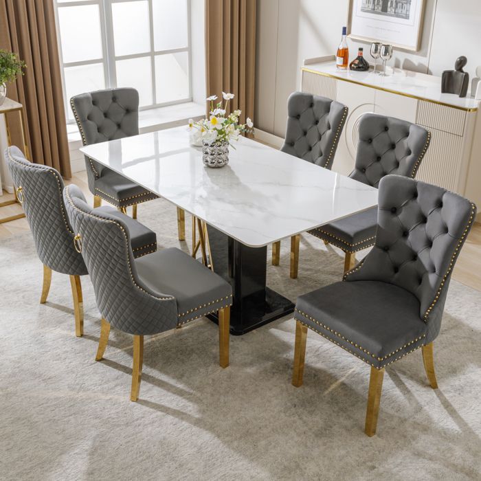 lot de 6 chaise de salle à manger en velours - chaise rembourrée - pieds acier inox doré - pour salon cuisine - gris